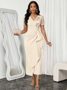 SHEIN Lady Spring And Summer Elegant Beige Knitted V Neck Mermaid Slit Contrast Mesh Sequin Embroidery Patchwork Ruffle Hem Long Dress Dresses Classy Elegant Birthday&Event Dresses /Office Dresses /Church Dresses/Wedding Dresses /Holiday Dresses / Birthday Dresses For Women Festival Butter Yellow / Butter Yellow Dress Business Casual Woman