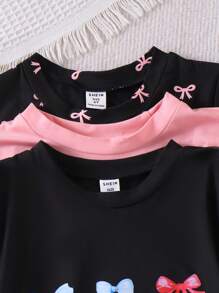 3pcs Pack Girls (Size Small) Short Sleeve Bow Print Casual Dress, Comfortable & Simple Summer Children's Clothing