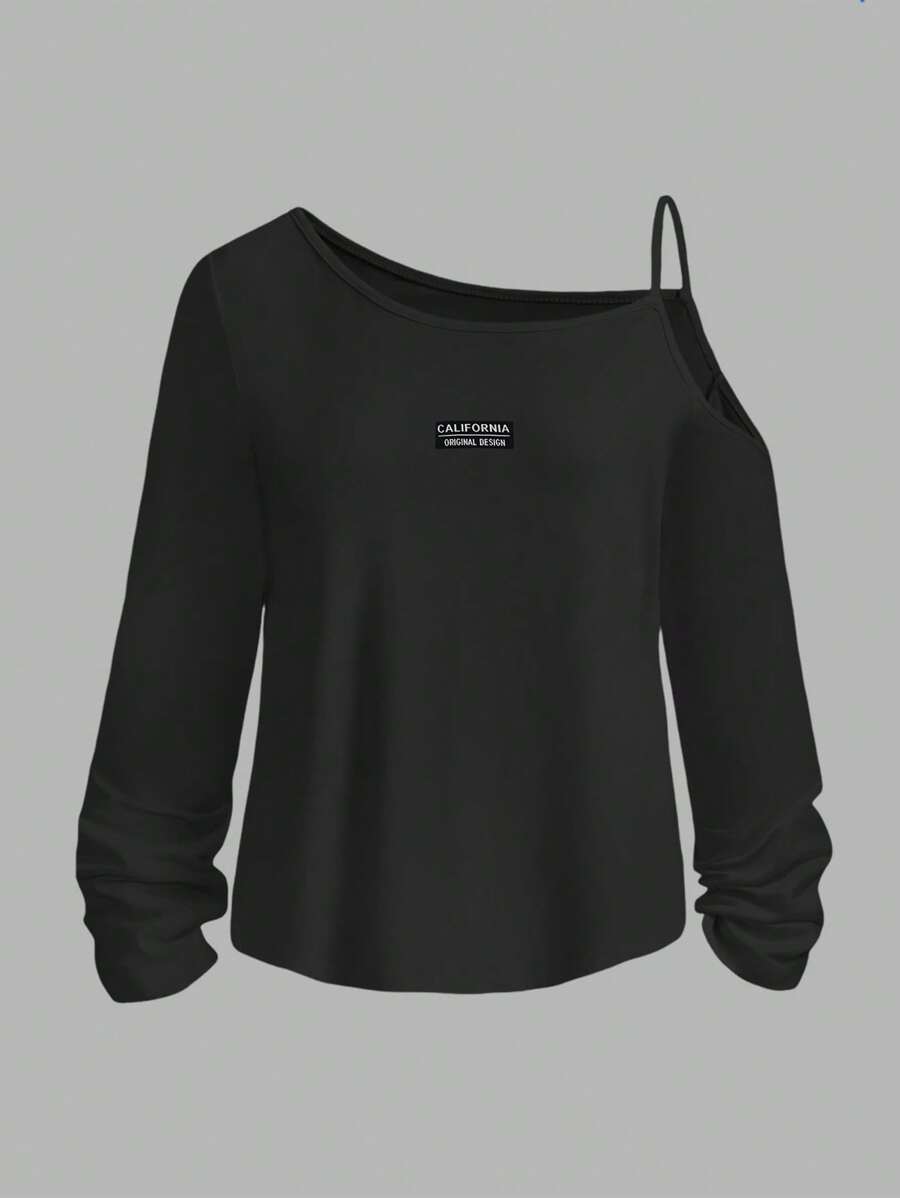 SHEIN Essnce 刺绣简约徽标英式蝙蝠袖女式 T 恤