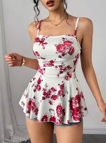 Elenzga Floral Print Ruffle Cinched Waist Camisole - Red - View 3