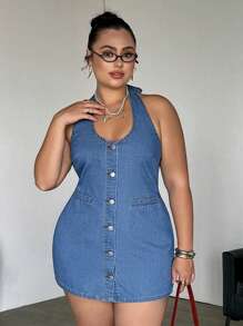 SHEIN EZwear Plus Size Solid Color Front Button Halter Backless Sleeveless Denim Dress - Light Wash - View 3