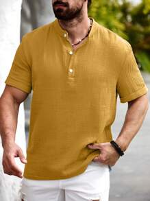 Manfinity Homme Manfinity Nomadique Men's Casual Cotton-Linen Shirt Summer Hengli Collar Men Yellow Shirts Men Casual Tops Henley Shirts Men - Yellow - View 4