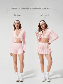 GLOWMODE FeatherFit™ Studio Stamina Swea - 吸湿排汗修身长袖拇指孔短款拉链运动夹克低冲击瑜伽普拉提工作室日常休闲服 - 淺粉色 - 查看 6