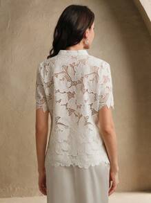 Anewsta Women's Elegant French Style Sheer Lace Round Neck Blouse For Summer - White - View 2