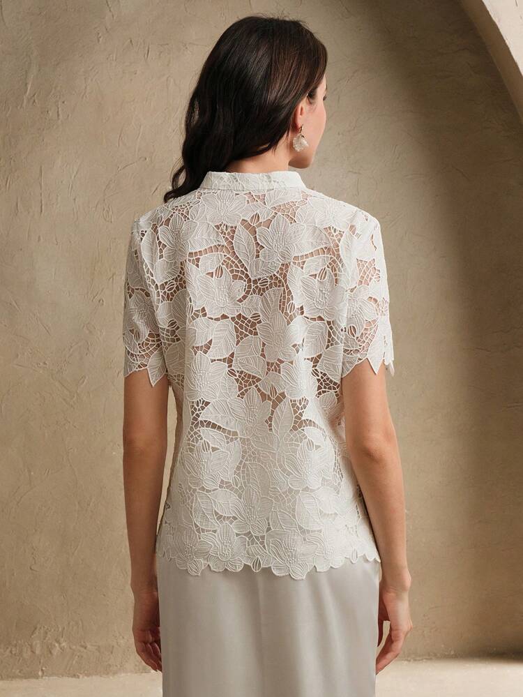 Blusa de escote redondo de encaje transparente y estilo francés elegante para mujer, de verano
