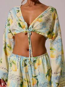 MUSERA Top court à manches longues avec imprimé de fruits, col plongeant et nœud devant. Mignon, idéal pour les vacances, les festivals, sexy et élégant. Couleur jaune beurre. Parfait pour la plage, Ibiza, les sorties et les soirées. Élégant pour le printemps et l'été. - Multicolore - Voir 6