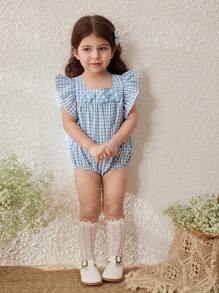 Blossori Baby Girls' Country Style Blue Plaid Ruffle Sleeve Bodysuit - Blue and White - View 7