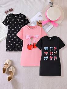 3pcs Pack Girls (Size Small) Short Sleeve Bow Print Casual Dress, Comfortable & Simple Summer Children's Clothing