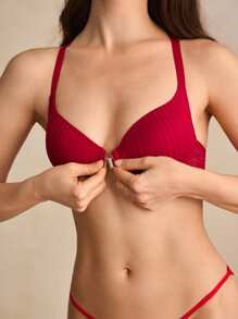 Charlaine 1 Peça Sutiã Frontal com Renda e Fechamento para Mulheres, para o Natal - Vermelho - Visão 3