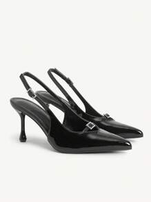 CUCCOO CHICEST Women Elegant Pointy Toe Bowknot Stilettos High Heel Pumps, Glossy Black Patent Leather Backless Dress Shoes For Commuting, Date, Afternoon Tea, Classic & Refined - Black - View 2