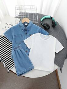 SHEIN Set de 3 piezas con camisa de mezclilla estilo americano vintage, camiseta de manga corta blanca y pantalones cortos de mezclilla casuales para niños adolescentes con un diseño suelto de moda coreana de verano - Lavado ligero - Ver 1