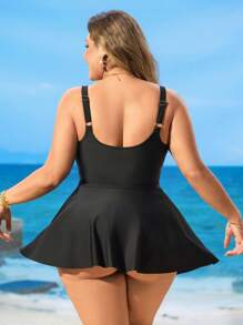 Swim Lushoire 加大码女式纯色分体裙式泳衣，带性感荷叶边，适合海滩和夏季度假 - 黑色 - 查看 2