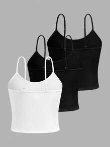 Teens Girls 3-Pack Simple Comfortable Adjustable Strap Fitted Camisole - Black - View 2