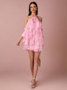 Enchnt 春夏浪漫女士淡粉色 3D 花朵装饰荷叶边下摆露背无袖可爱迷你连衣裙，甜美优雅，适合度假、约会、节日、派对、毕业典礼和婚礼宾客，舞会礼服，女士夏季连衣裙，女士太阳裙，夏季服装 - 粉色 - 查看 9