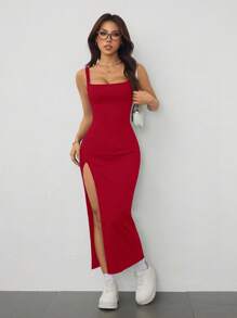 SHEIN PETITE High Elastic Rib Knit Wide Shoulder Strap Women's High Slit Slim Long Dress
