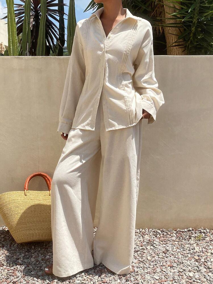 Women Tall Size Turndown Collar Tie Back Loose Cardigan Shirt And Straight Leg Pants 2 Pieces Casual Set Lounge Sets For Women