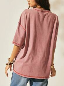 Easelle Áo thun cotton cổ tròn thêu họa tiết tôm hùm dễ thương phong cách Boho thường ngày màu hồng, thời trang mùa hè cho nữ, đồ đi biển - Hồng - Xem 4