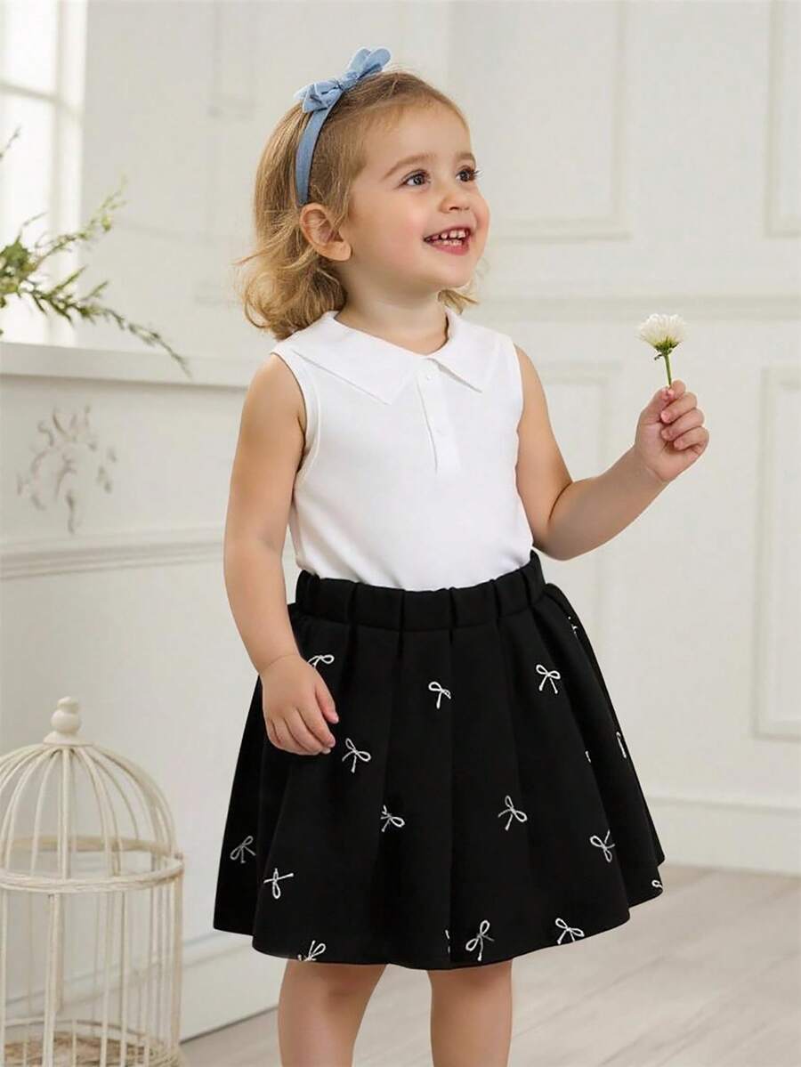 SHEIN Baby Girls Summer Korean Version Casual Cute Collared White Knit Top And Black Woven Printed Pleated Skirt Set - Black and White - View 1