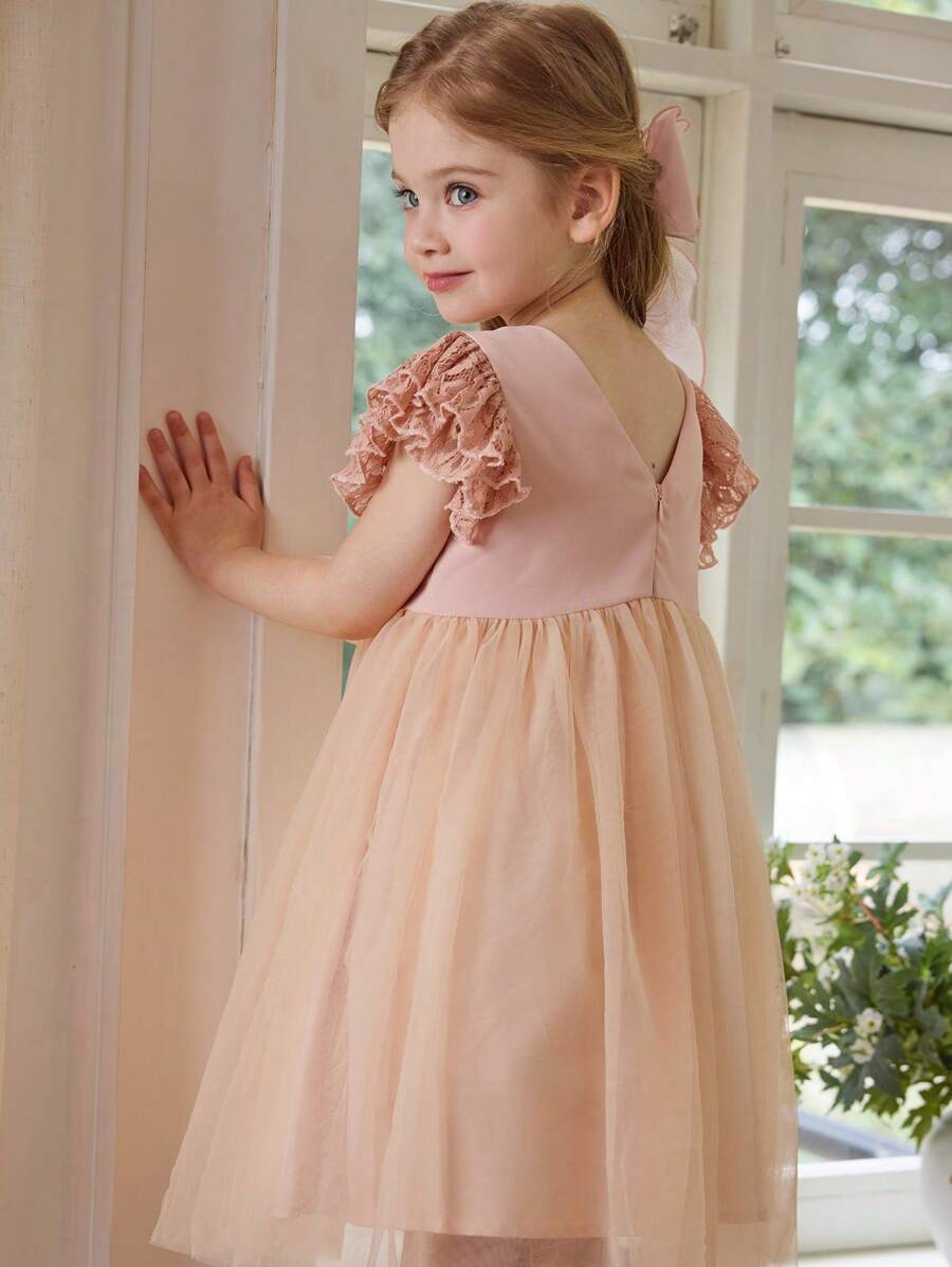 SHEIN Vestido elegante de color rosa con manga acampanada de encaje y malla, para niñas jóvenes