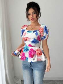 Elenzga Women Elegant Floral Print Square Neck Pleated Bust Ruched A-Line Top - Multicolor - View 7