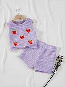 SHEIN Babygirlsu Summer Red Strawberry Print Set, Includes Sleeveless Round Neck Top And Matching Shorts, Sweet Style, Lightweight, Suitable For Outdoor Play, Home Comfort, And Friendly Gathering - Purple - View 3