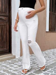 SHEIN Pregnant Women Casual Solid Color Distressed Raw Edge Flare Leg Jeans - White - View 3