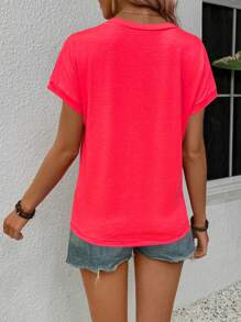 SHEIN LUNE 豹纹V领休闲短袖T恤，夏季百搭 - 紅色 - 查看 2