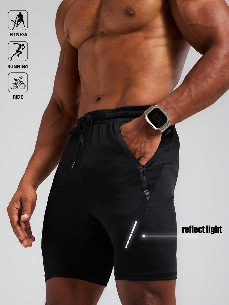 Acti Log Men's Drawstring Waist Zip Pockets Sports Shorts Workout Clothes Running Shorts - Black - View 1