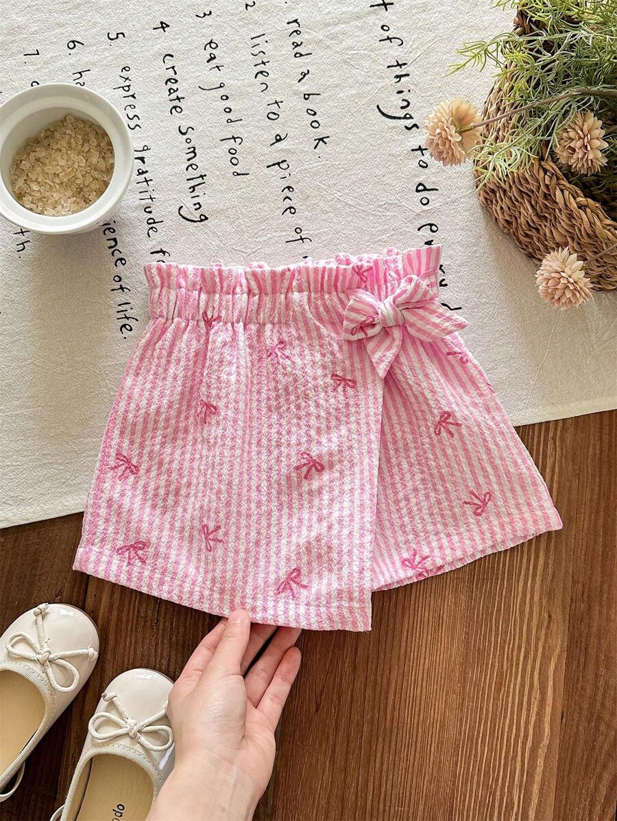 Young Girl Bowknot Pink Striped Asymmetric Hem Skorts - Pink - View 1