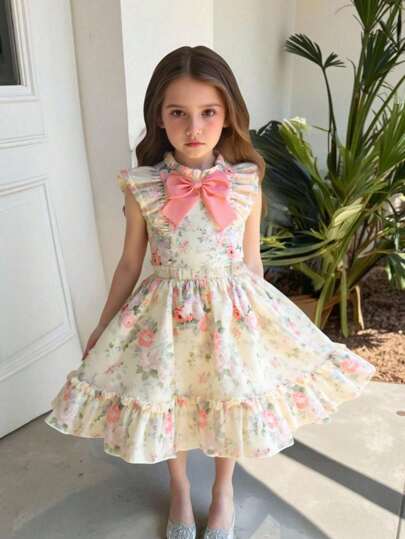 Spring/Summer Toddler Girls Rose Ditsy Floral Sleeveless Loose Casual Bow Decor Shirt And Flowy A-Line Skirt Set Spring Dresses For Girls Classy Girl Dresses For Girls Girls Vintage Dress Vintage Girls Dress