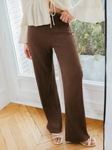 lacRébo Pantalón ancho de pierna con textura de chocolate, elástico y con dobladillo de concha para atuendos de vacaciones de mujer - Marrón Chocolate - Ver 4