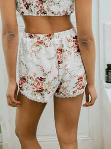 lacRébo 哑光缎面复古花卉和服休闲套装，搭配蕾丝花边短款上衣和松紧腰带短裤，秋冬 - 彩色 - 查看 5