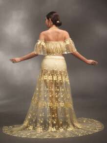 SHEIN Set de 2 piezas con top halter de gasa de volantes y falda con abertura, adecuado para sesión de fotos de bautizo de bebé, sesión de fotos de maternidad - Dorado - Ver 2