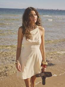 Aralina Women's Solid Color Drape Backless Casual Mini Dress, Summer Beach Vacation 4th Of July Graduation Dress - Yellow - View 6