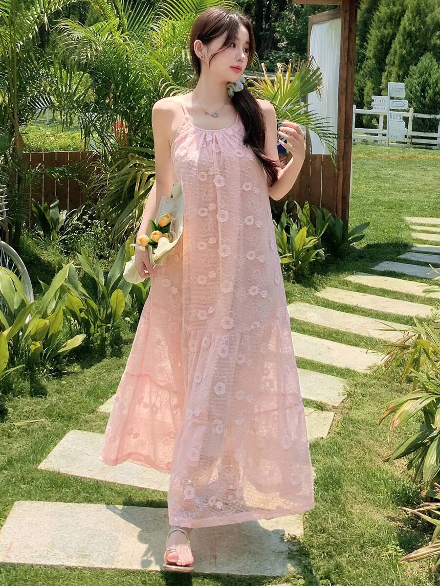 DAZY 女士纹理荷叶边下摆长裙，春夏季甜美风格