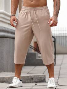 Manfinity Homme Pantalones casuales de verano para hombre de unicolor con cintura elástica, cordón y bolsillos - Caqui - Ver 5