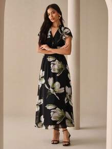 Lilora Women's Elegant Printed Dress, Suitable For Commuting, Daily Wear, And Gatherings Urban Style Floral Long Leisure, - Black - View 5