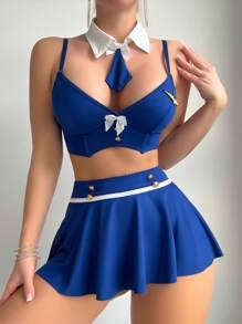 Fantasy Costume 4 件套性感空姐内衣套装，包括连衣裙、胸罩、吊袜带和丁字裤 - 藍色 - 查看 1