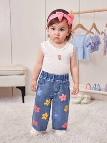 6M-3YRS Baby Girl Blue Floral Print Knit Denim Wide Leg Pants,Summer Casual Vacation Colorful Flower Print,Stretchy Comfortable 2 Back Pockets Jeans - Light Wash - View 3