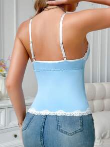 SHEIN 女式撞色蕾丝修身吊带背心 - 藍色 - 查看 2