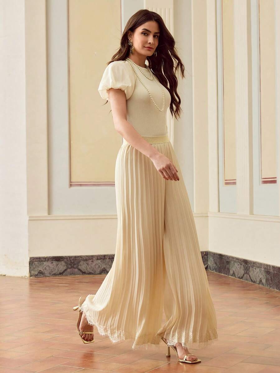 ZEYLAH Quần Culottes ống rộng co giãn màu trơn xếp ly dáng rộng cho nữ - Màu be - Xem 1
