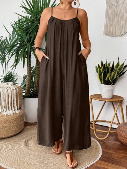 SHEIN Clasi Plus Size Women's Solid Color Pocketed Camisole With Pleated Chest Loose Jumpsuit Women Summer Clothes Jumpsuit Women Summer Jumpsuit Woman S Summer Clothes Women S Clothes Women Plus Clothing Formal