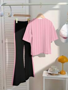 SHEIN Leap Crew 2 件套青少年女孩休闲简约风格棒球图案印花短袖上衣和裤子套装，适合夏季 - 彩色 - 查看 3