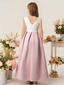 少女缎面圆领无袖 A 字形公主裙，华丽婚礼、生日派对、婚礼宾客、花童、伴娘、度假，优雅而