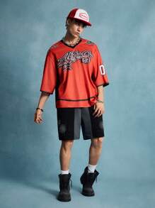 ROMWE MEN Prep 男士休闲宽松 V 领字母和数字印花平纹针织 T 恤，适合日常穿着，春夏季 - 紅色 - 查看 6