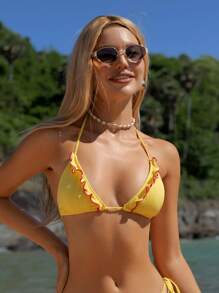 Swim Mod Women's Textured Fabric Halter Neck Triangle Yellow Bikini Top For Summer Beach Vacation - Yellow - View 9