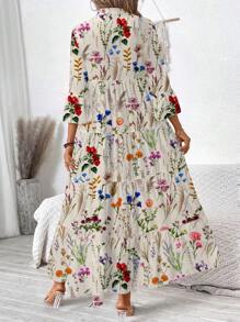 SHEIN LUNE Vestido de manga larga acuchillado con estampado floral acuarela con cuello en V, adecuado para primavera/verano