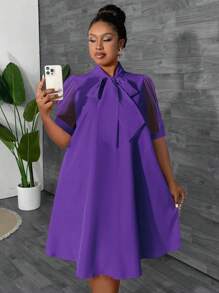 Maweii 大码女式宽松网眼拼布蝴蝶结设计连衣裙，适合春夏度假 - 紫色 - 查看 4