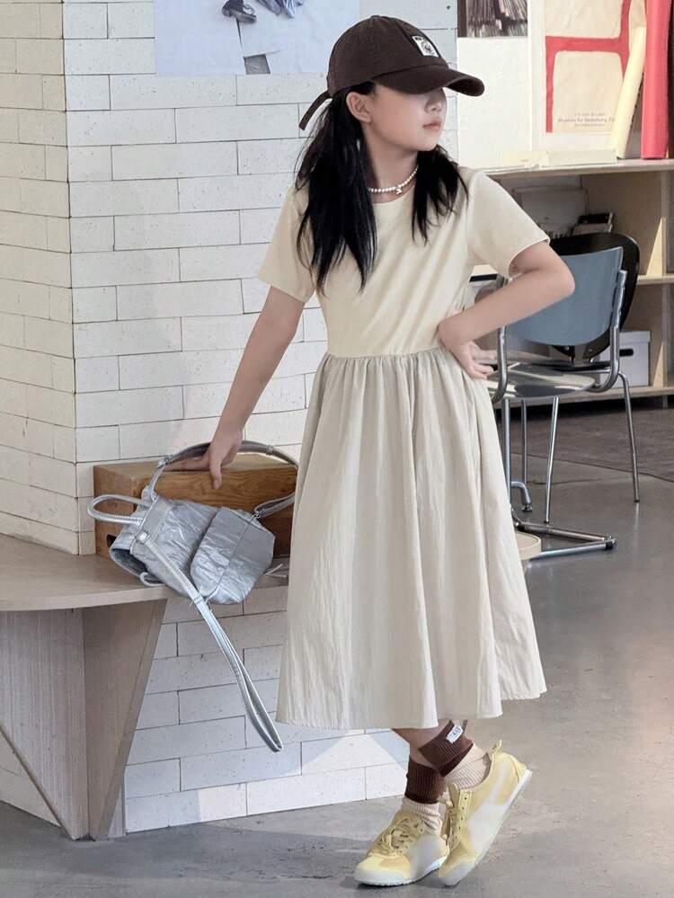 New Tween Girls Apricot Color Korean Style Short Sleeve Dress, Fashionable Light Khaki Spliced Dress For Summer,Back To School Clothes