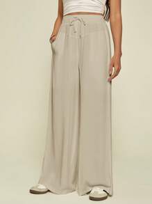 SHEIN Tall Pantalones de pierna ancha con cordón de unicolor casual para mujer primavera/verano, ropa de mujer otoño, mujeres altas - Albaricoque - Ver 7
